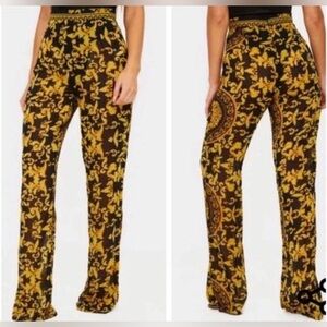 Pretty Little Thing Black and Gold Baroque Ornate Pants Straight Leg Sheer 8